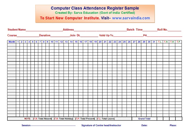 Download Free Attendance Register Sample Format for Computer Class Institute Academt Center